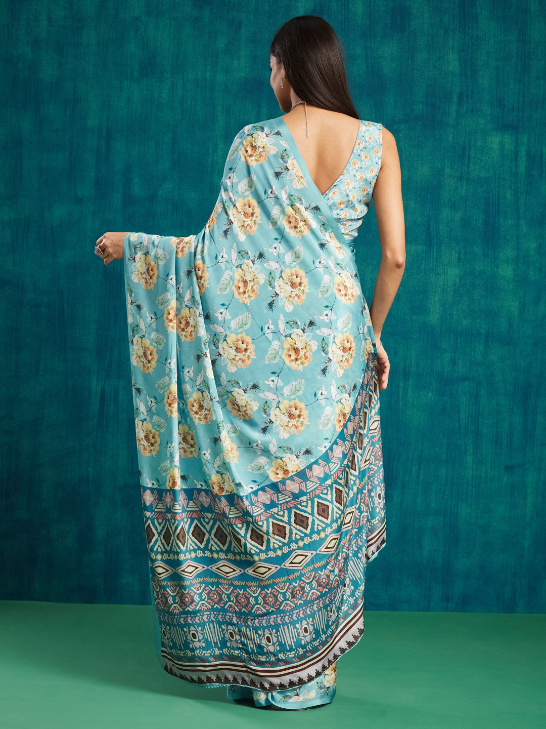 Blue Silk Crepe Designer Digital Printed Ready To Wear Saree