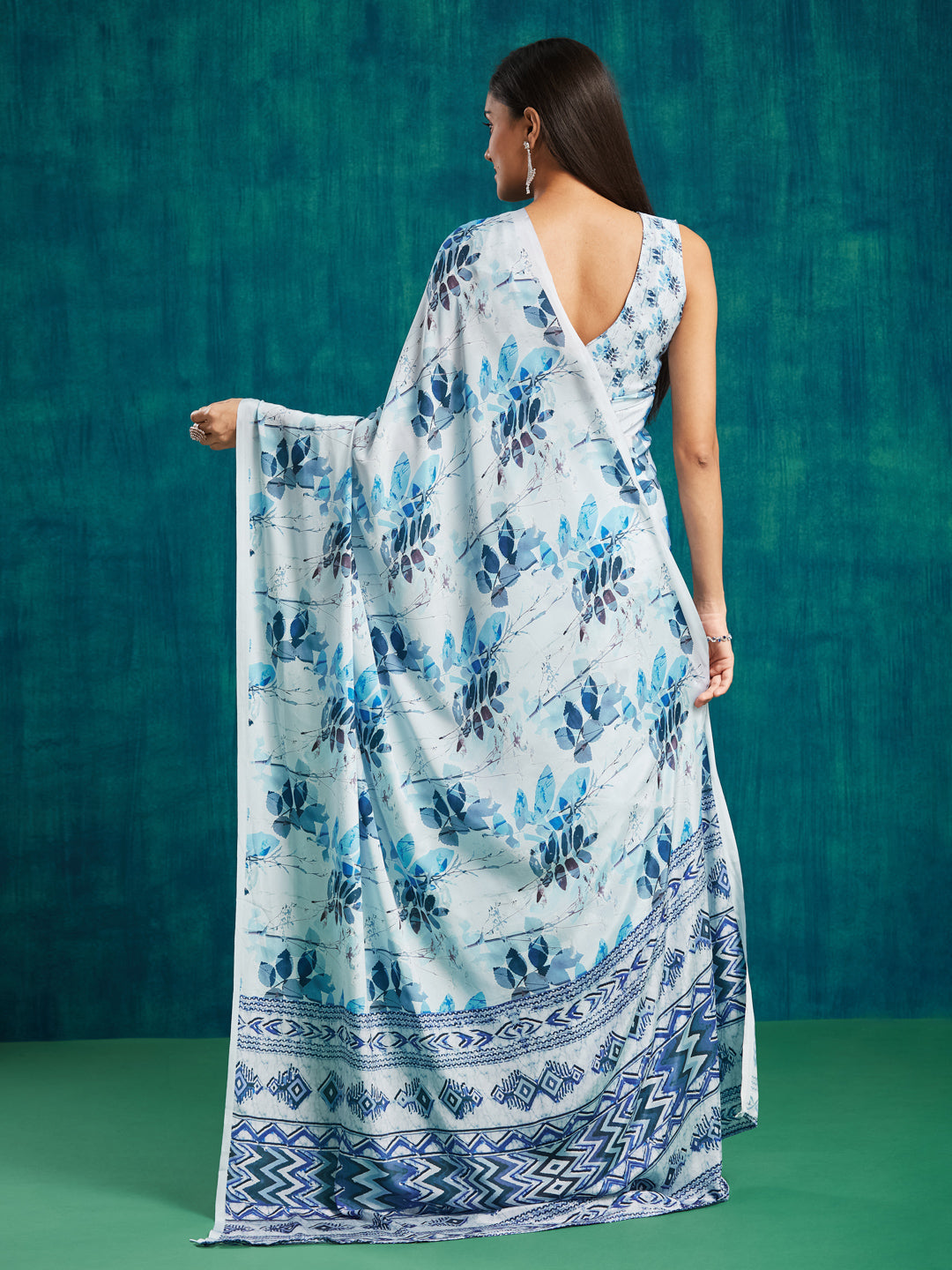 Blue Silk Crepe Designer Digital Printed Ready To Wear Saree