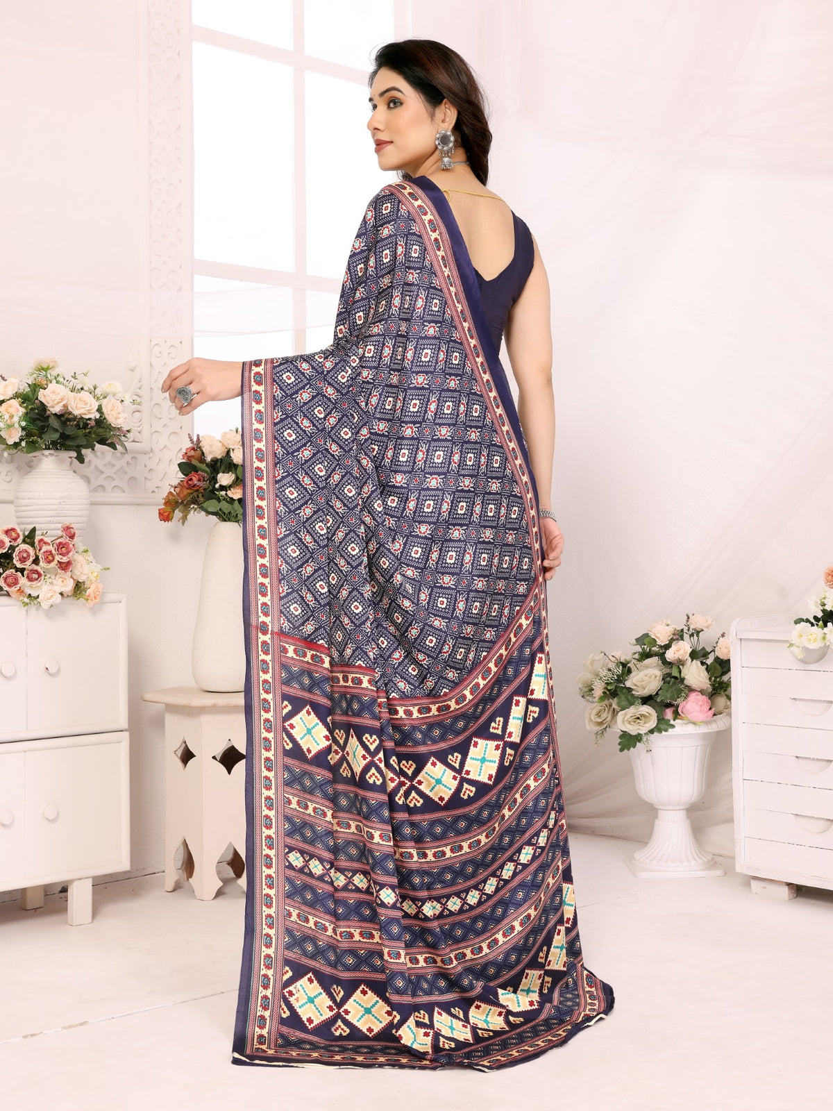 Blue Silk Crepe Saree with Print