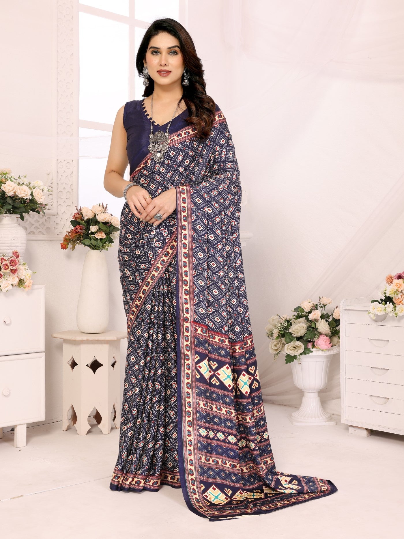 Blue Silk Crepe Saree with Print