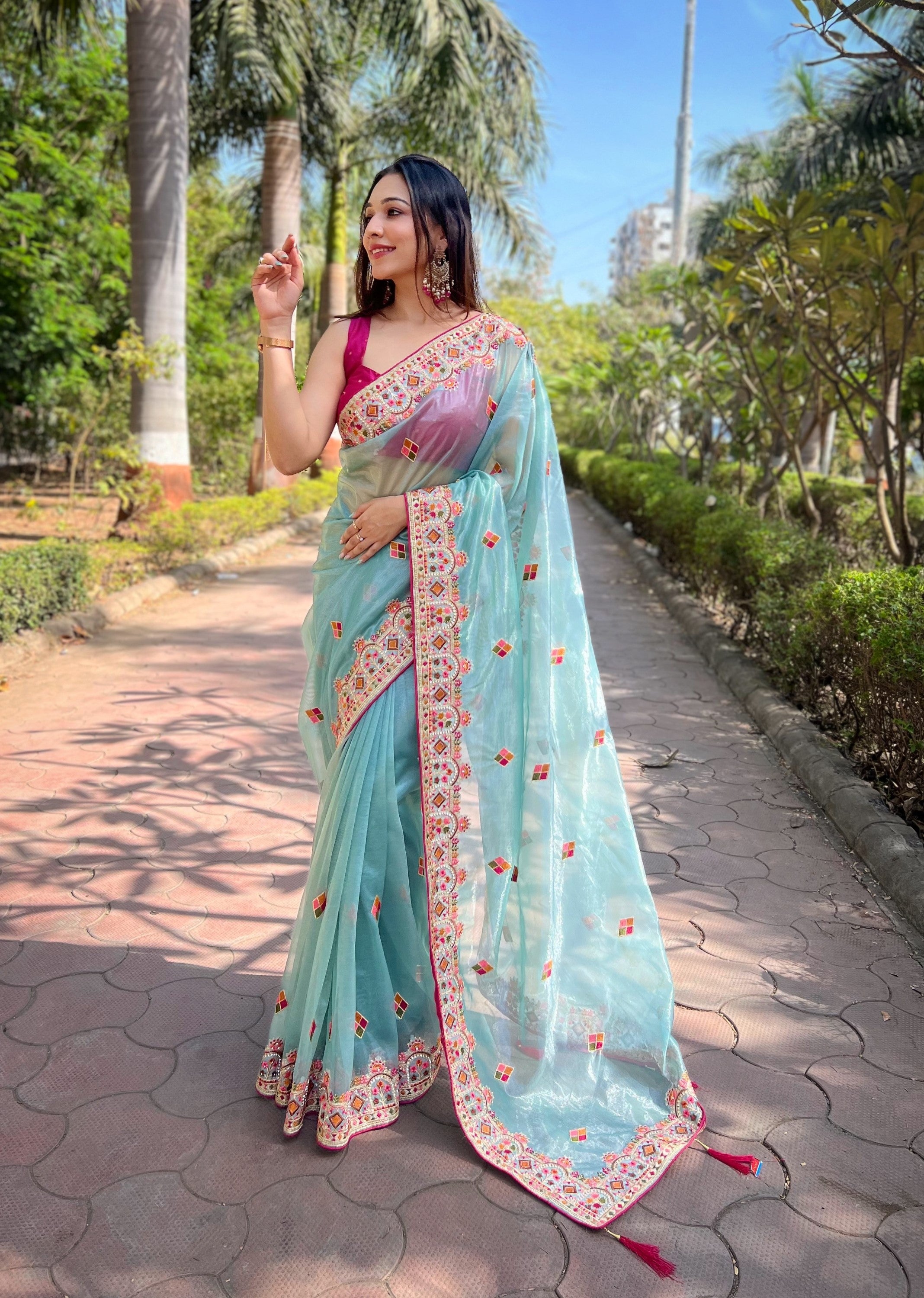 Blue Silver Tissue Silk Heavy Embroidery Saree For Beautiful Ceremonial Saree