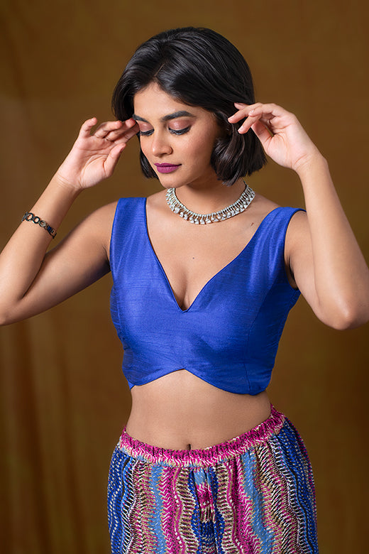 Blue Sleeveless Blouse in Art Silk with Strappy Back Hook