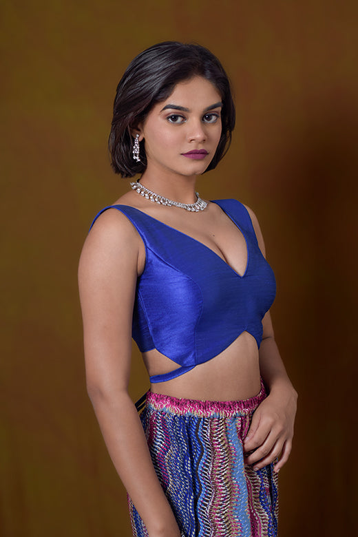Blue Sleeveless Blouse in Art Silk with Strappy Back Hook