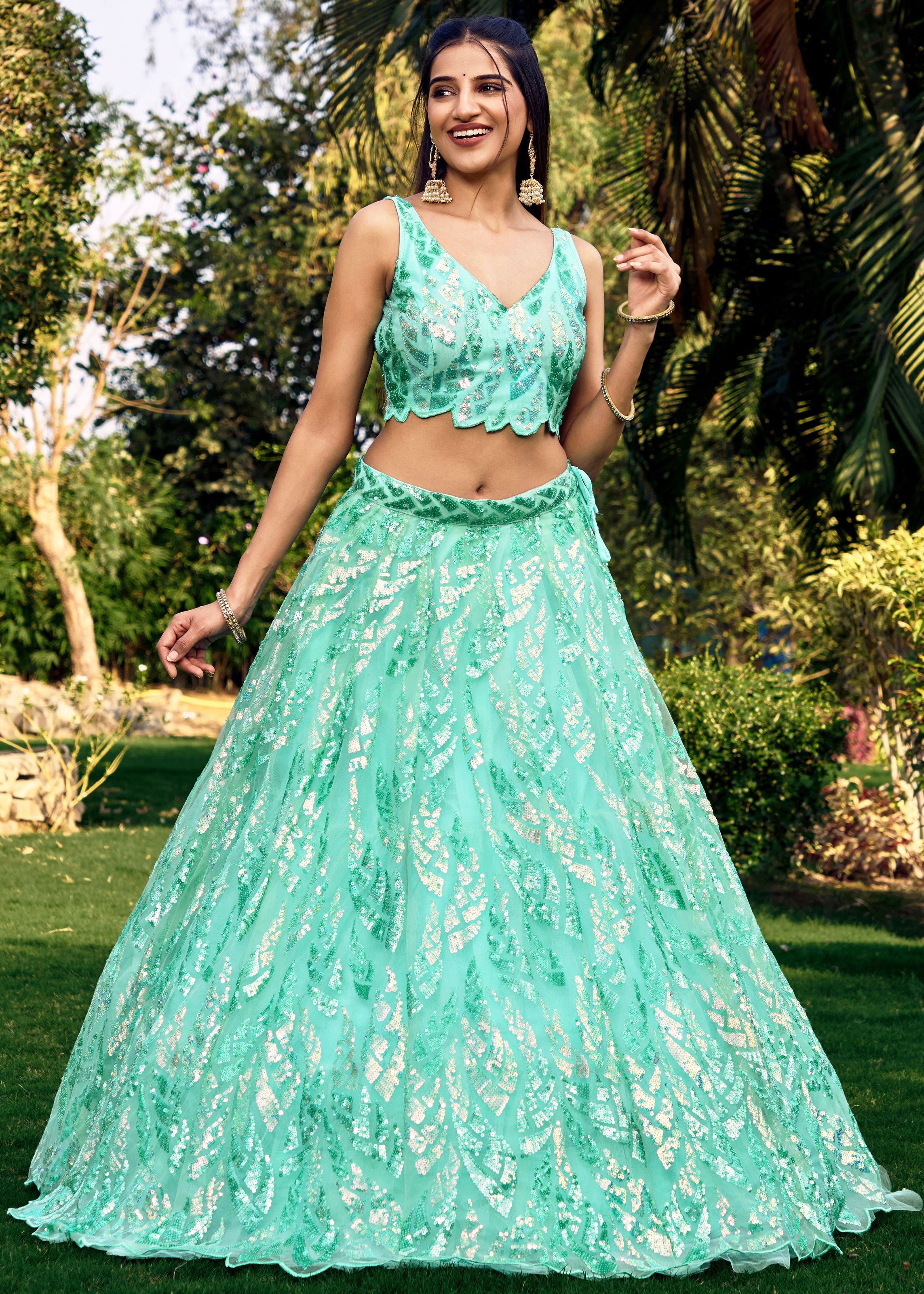 Blue Soft Net Lehenga Choli With Multiple Sequins, Thread Embroidery Work