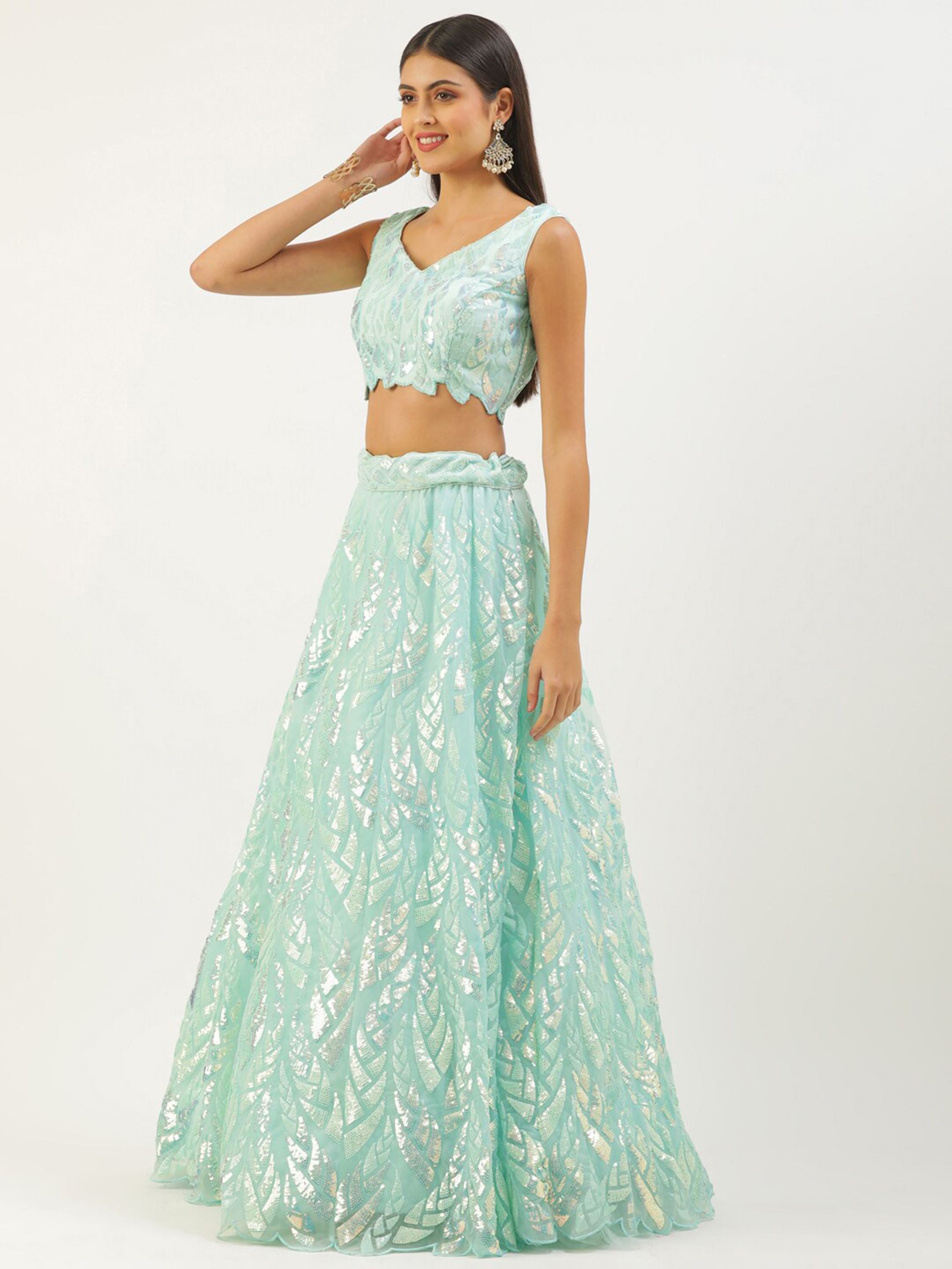 Blue Soft Net Lehenga Choli With Multiple Sequins, Thread Embroidery Work