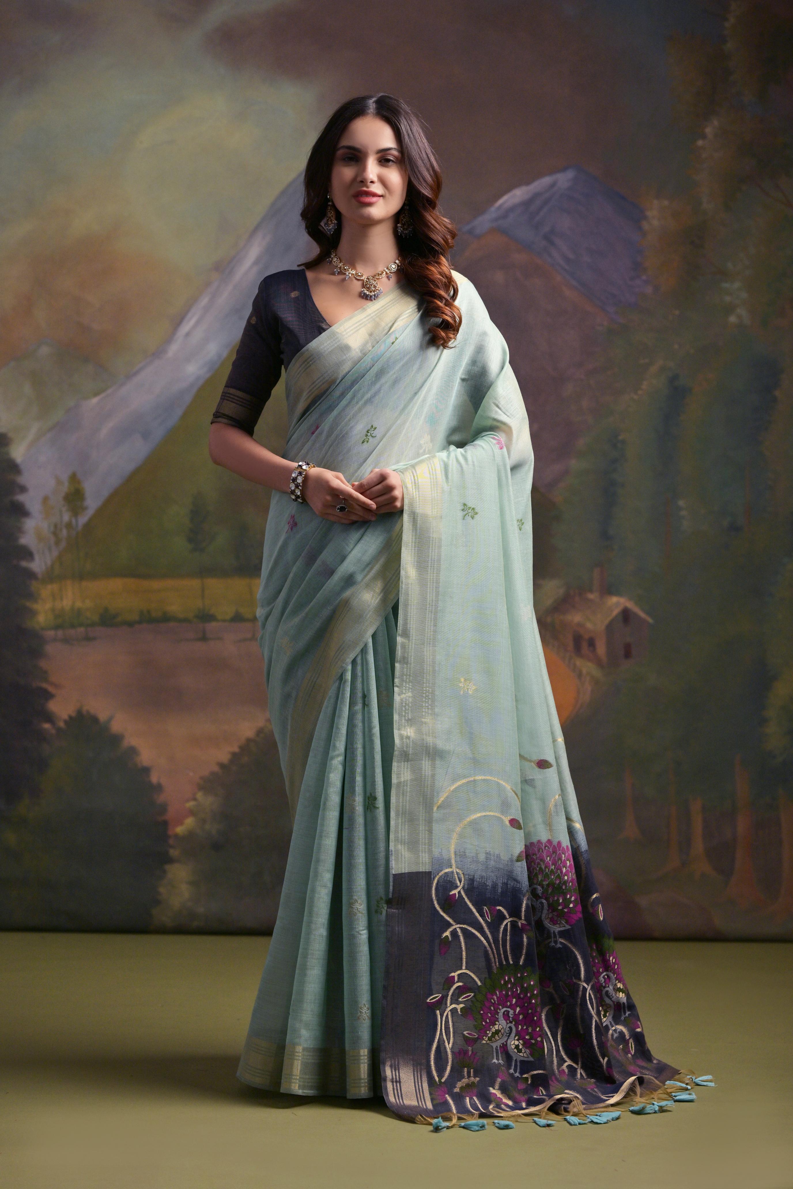 Blue Soft Silk Fabri Woven Paithani Meenakari Designer Ceremonial Saree