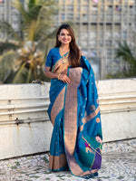 Blue Soft Silk Weaving Figure Pallu Designer Ceremonial Saree