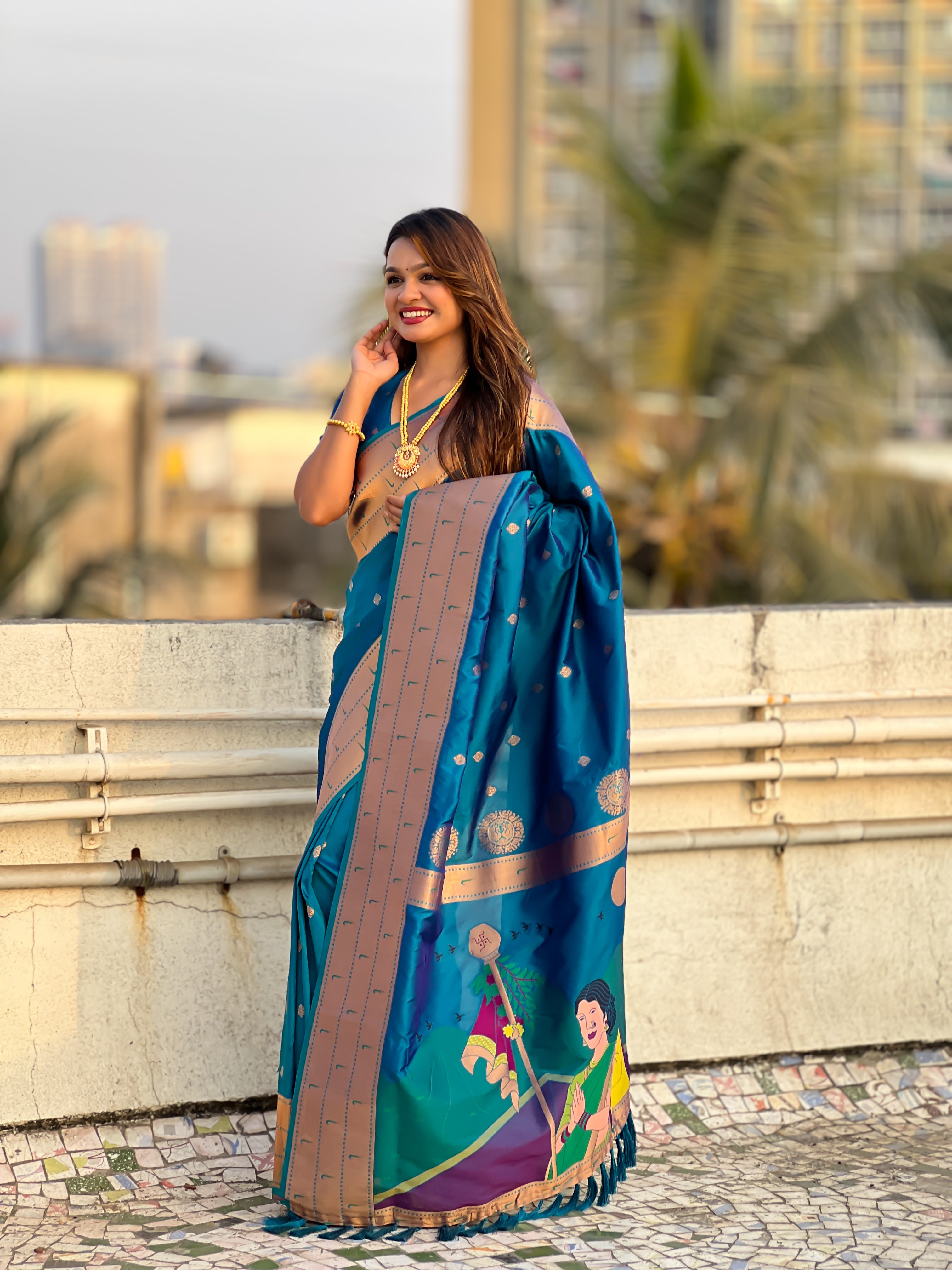 Blue Soft Silk Weaving Figure Pallu Designer Ceremonial Saree