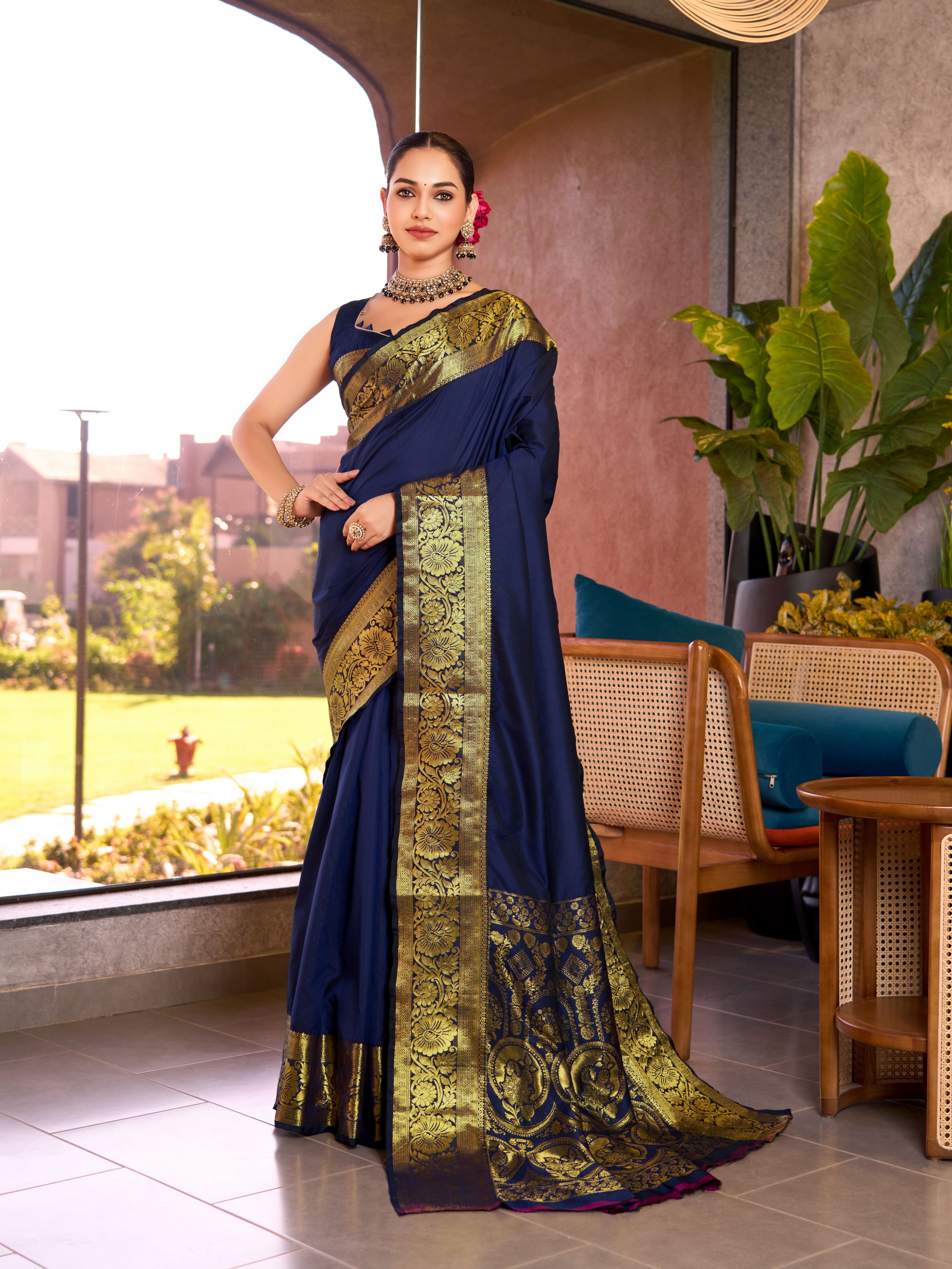 Blue Soft Silk Woven Jari Designer Heavy Partywear Saree