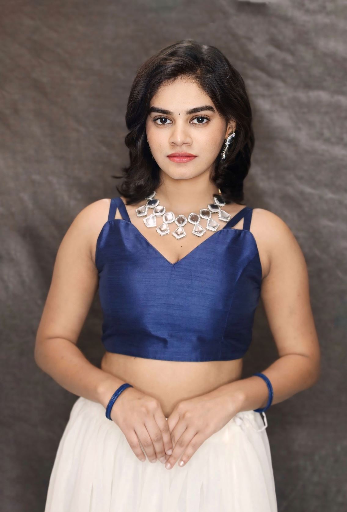 Blue Strappy Sleeveless Raw Silk Blouse With V Neckline