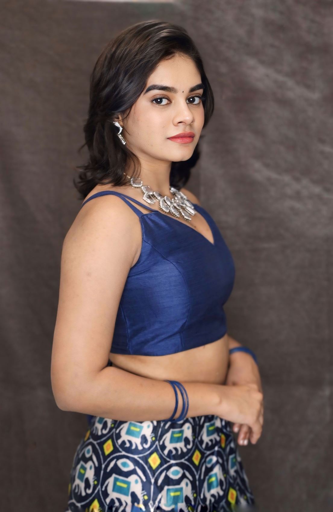 Blue Strappy Sleeveless Raw Silk Blouse With V Neckline