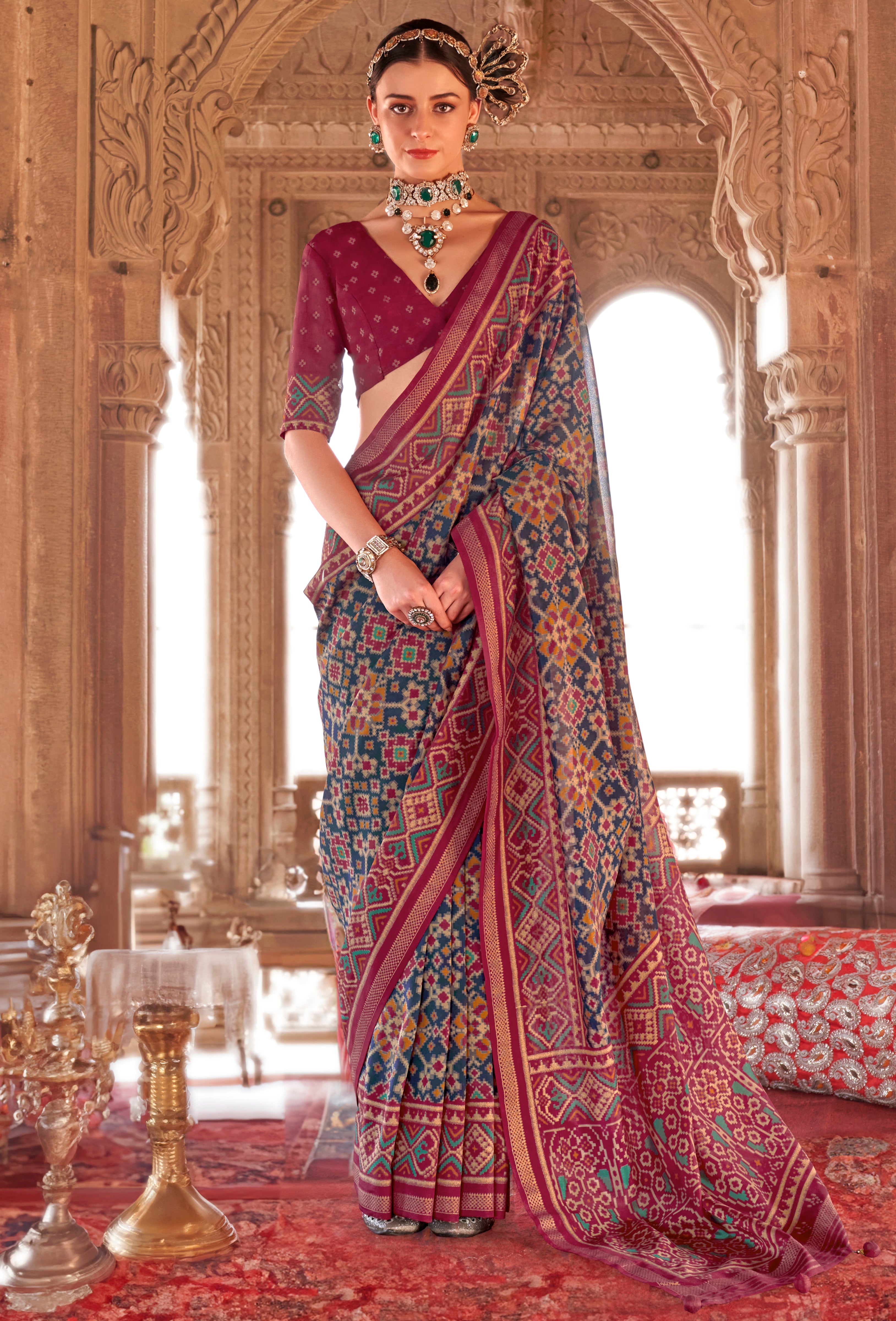 Blue Super Georgette Saree With  Patola Print