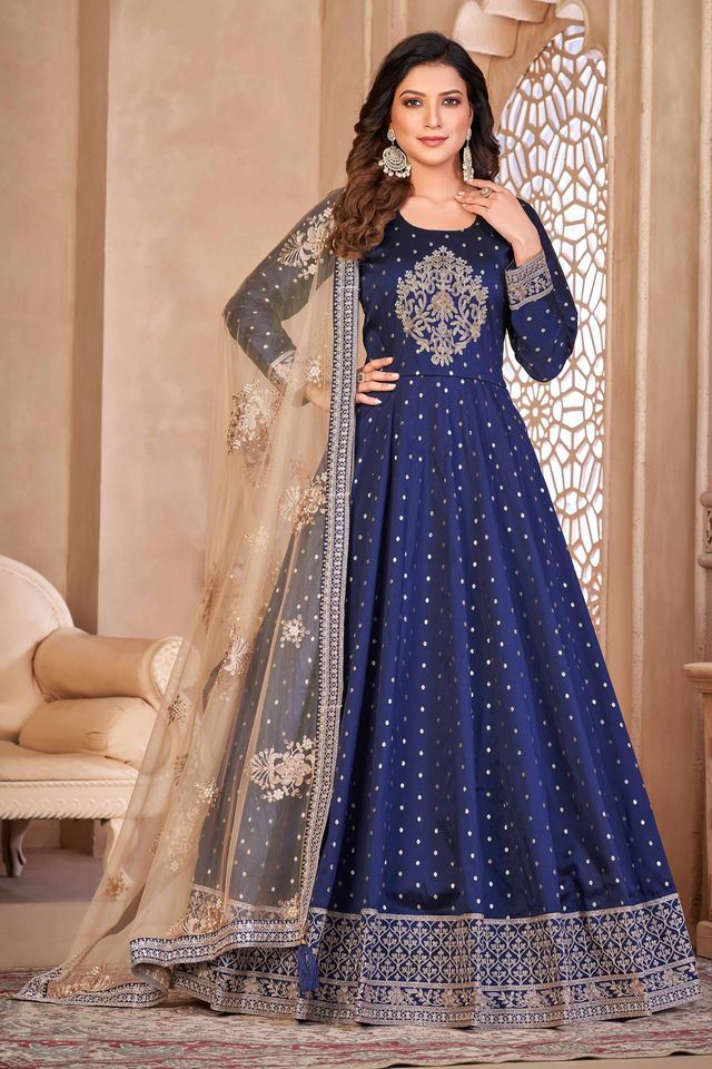 Blue Taffeta Butti Heavy Thread Embroidery Sequins Work  Anarkali Suits