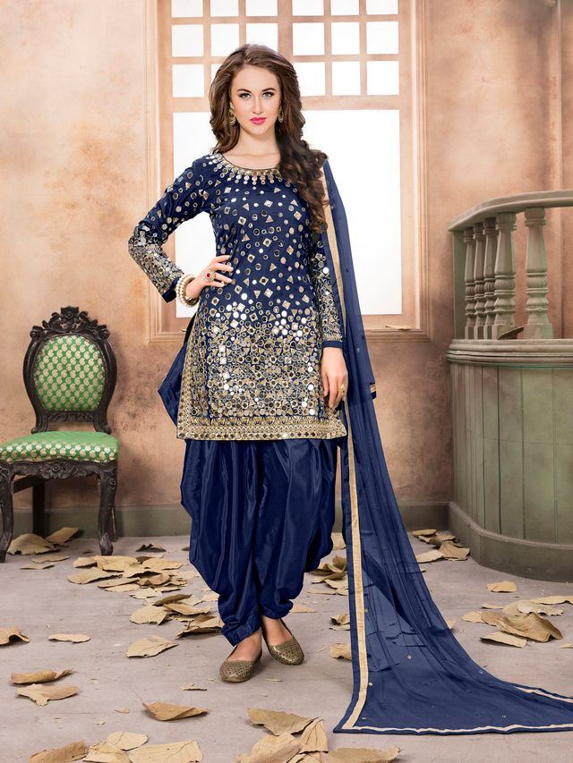 Blue Taffeta Silk embroidered Patiala Suits