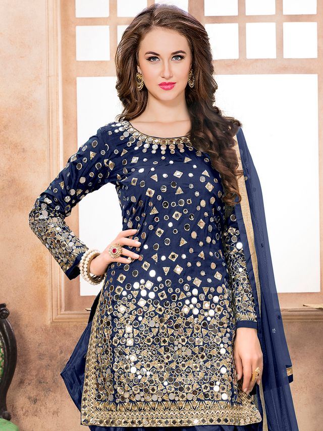 Blue Taffeta Silk embroidered Patiala Suits