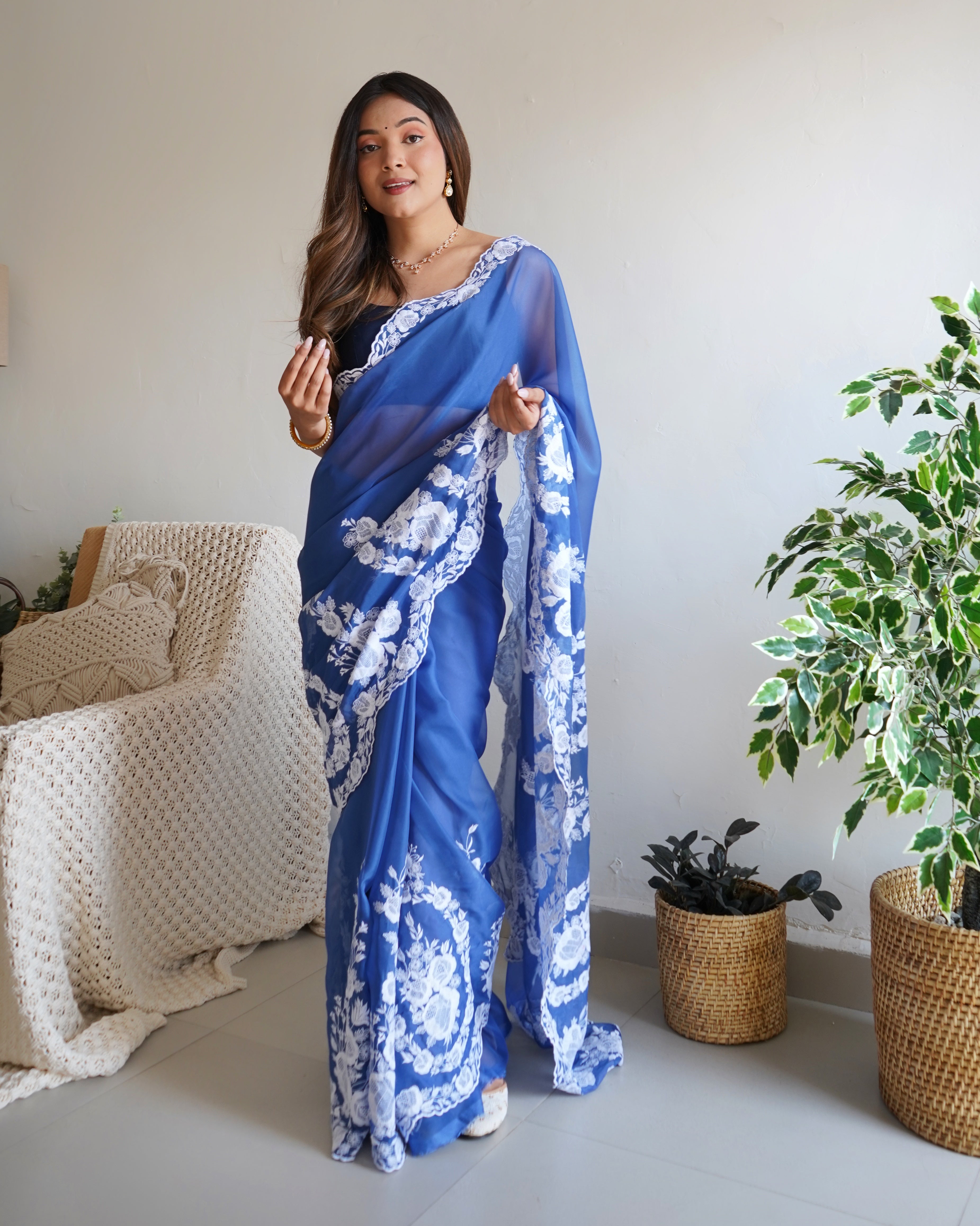Blue Thai Organza Silk Fancy Thread Embroidery With Cut Dana Work Saree