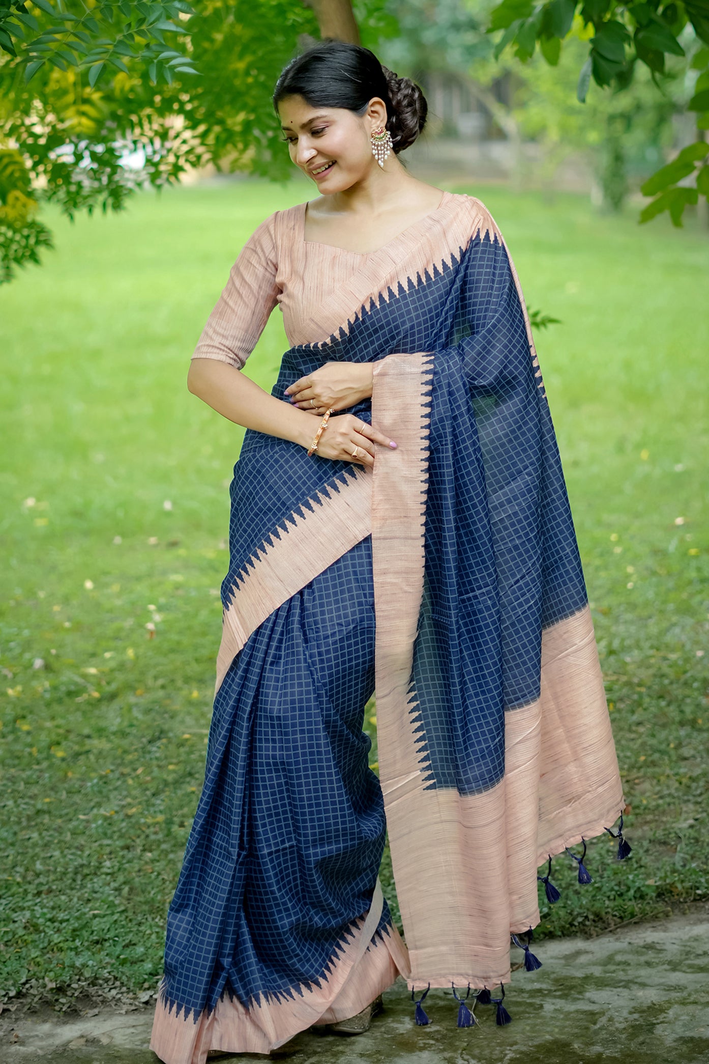 Blue Tussar Silk Saree with Checks and Contrast Pallu