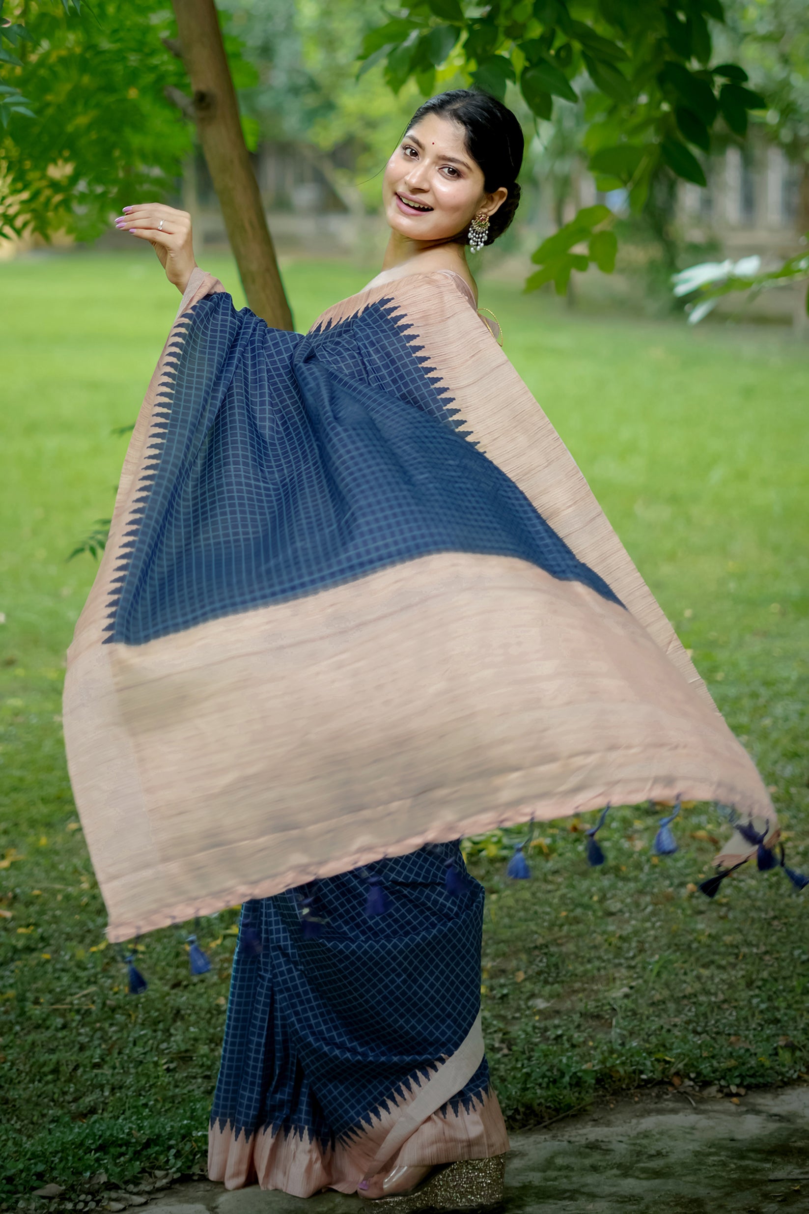 Blue Tussar Silk Saree with Checks and Contrast Pallu