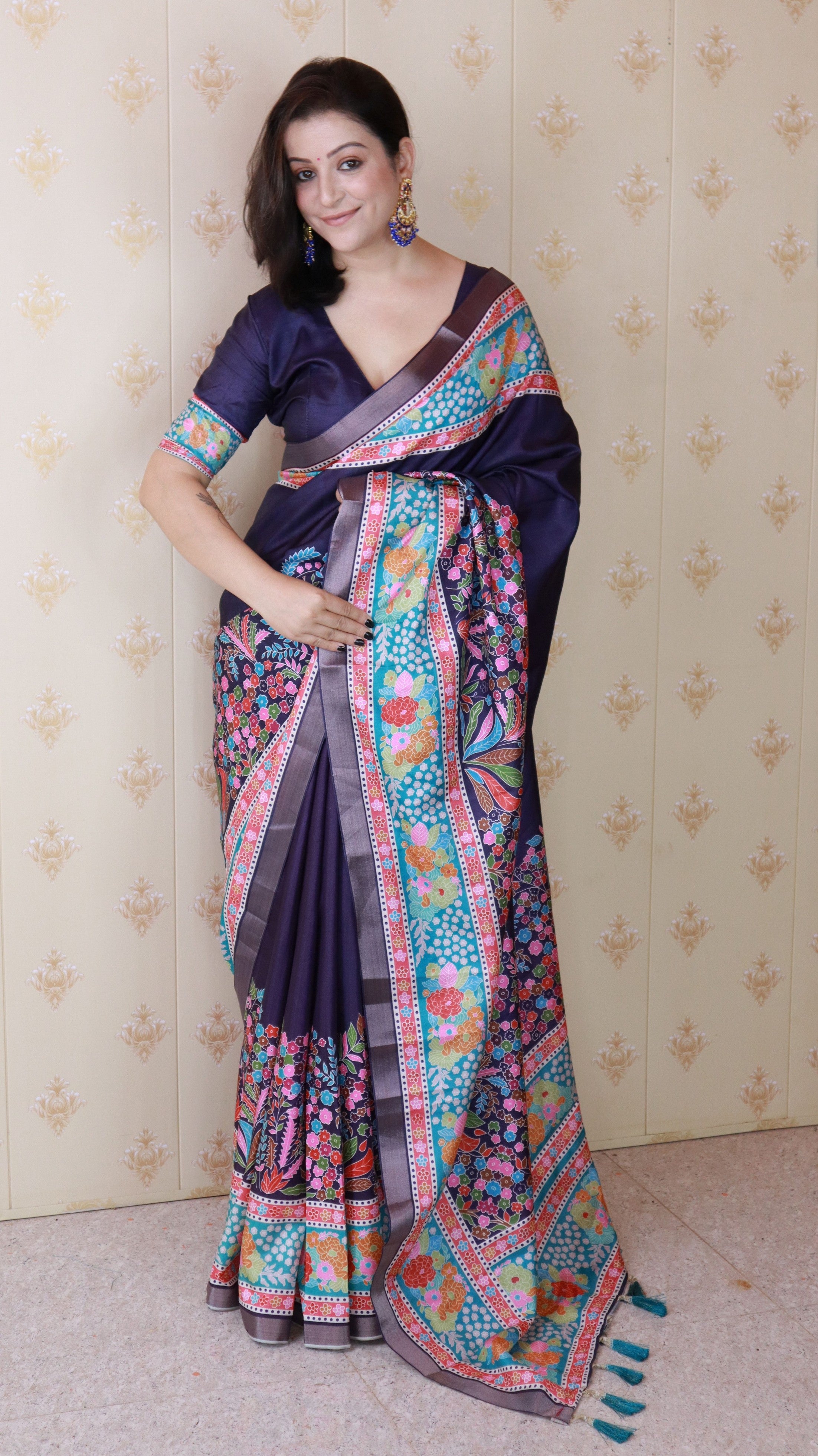 Blue Tussar Silk Woven Jari Designer With Printed Elegant Party Saree