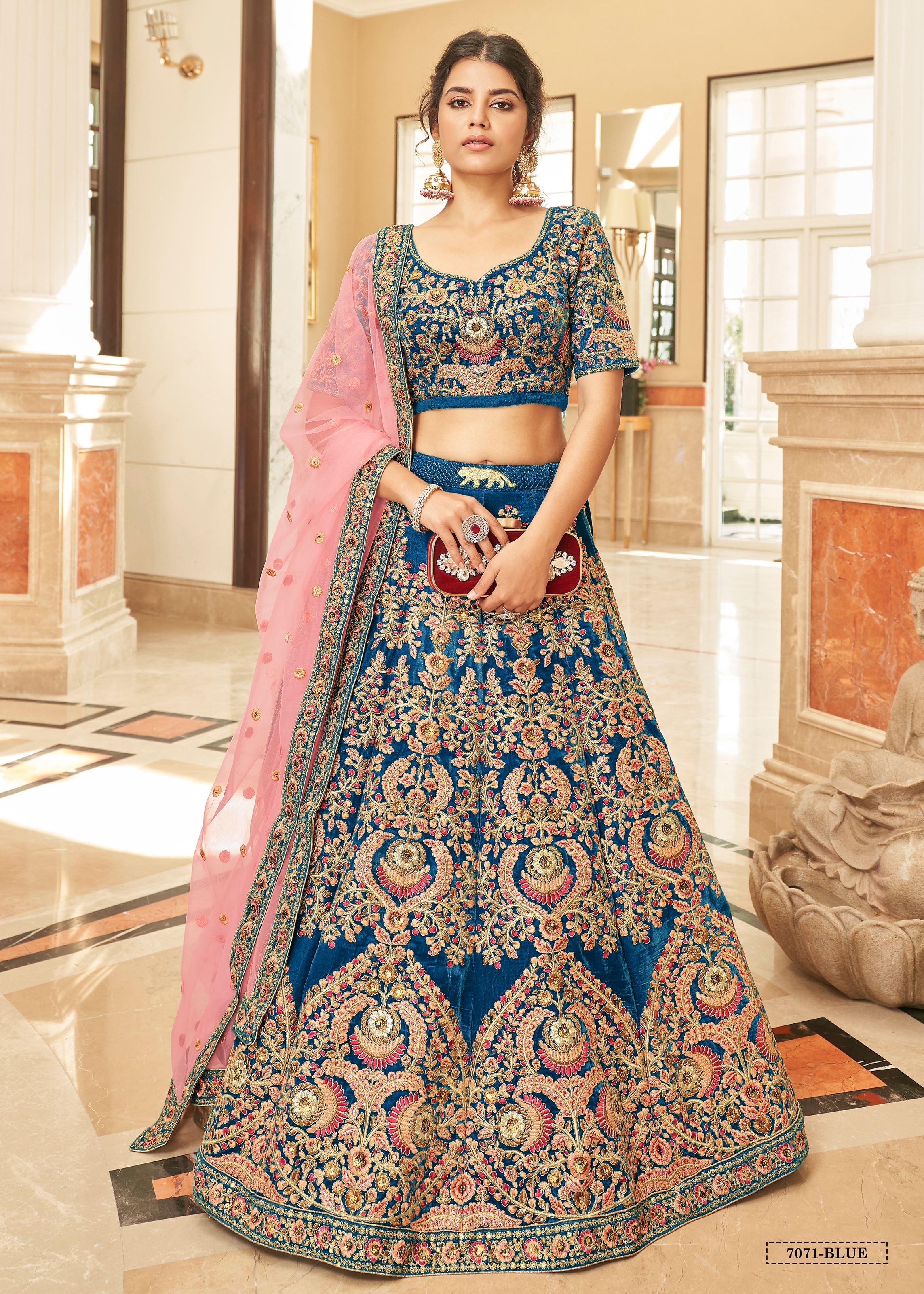 Blue Velvet Lehenga Choli With Thread, Zari, Dori and Sequins Embroidery Work
