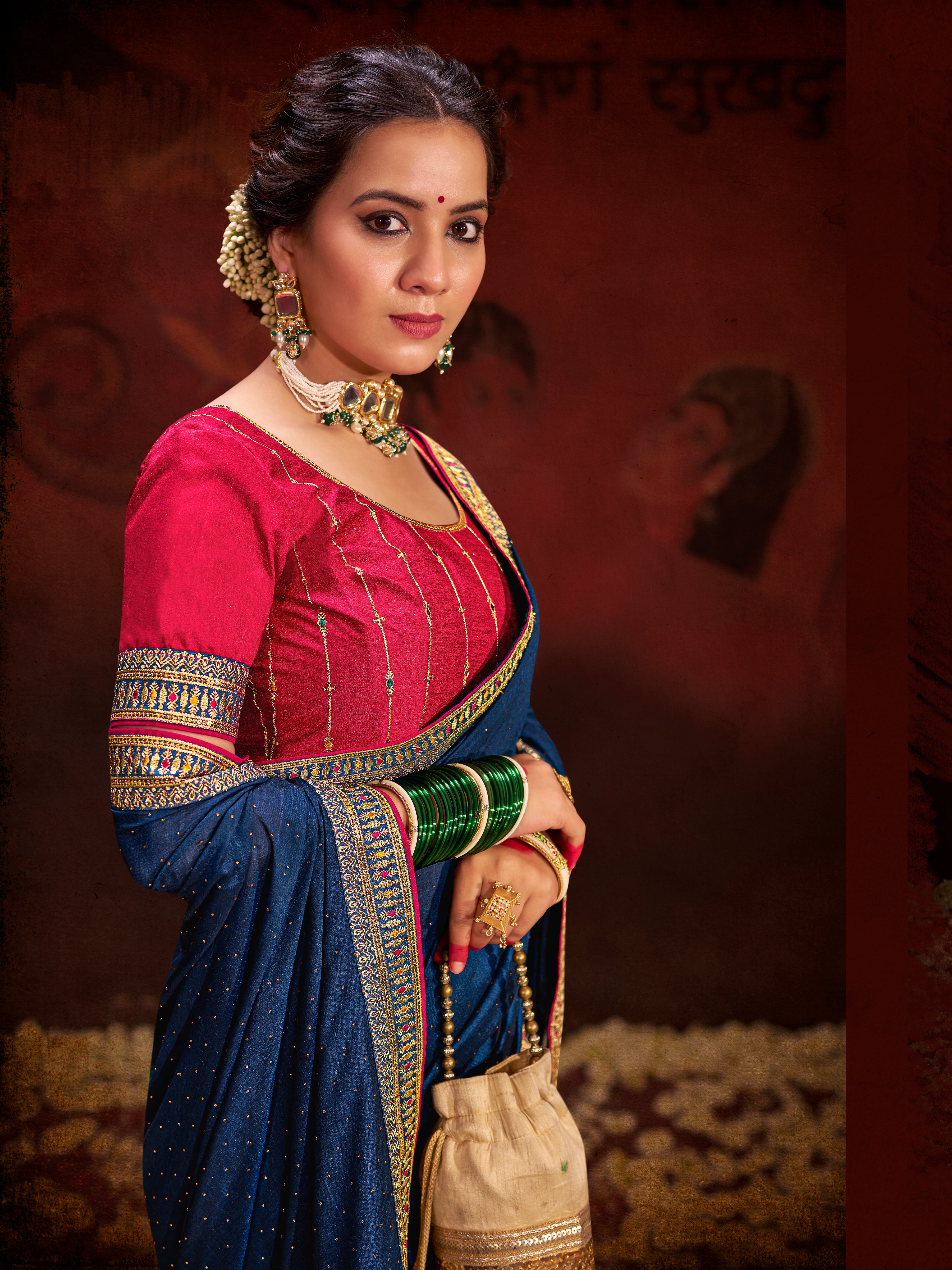 Blue Vichitra Silk Saree With  Heavy Diamond Work and Embroidery  Lace Border