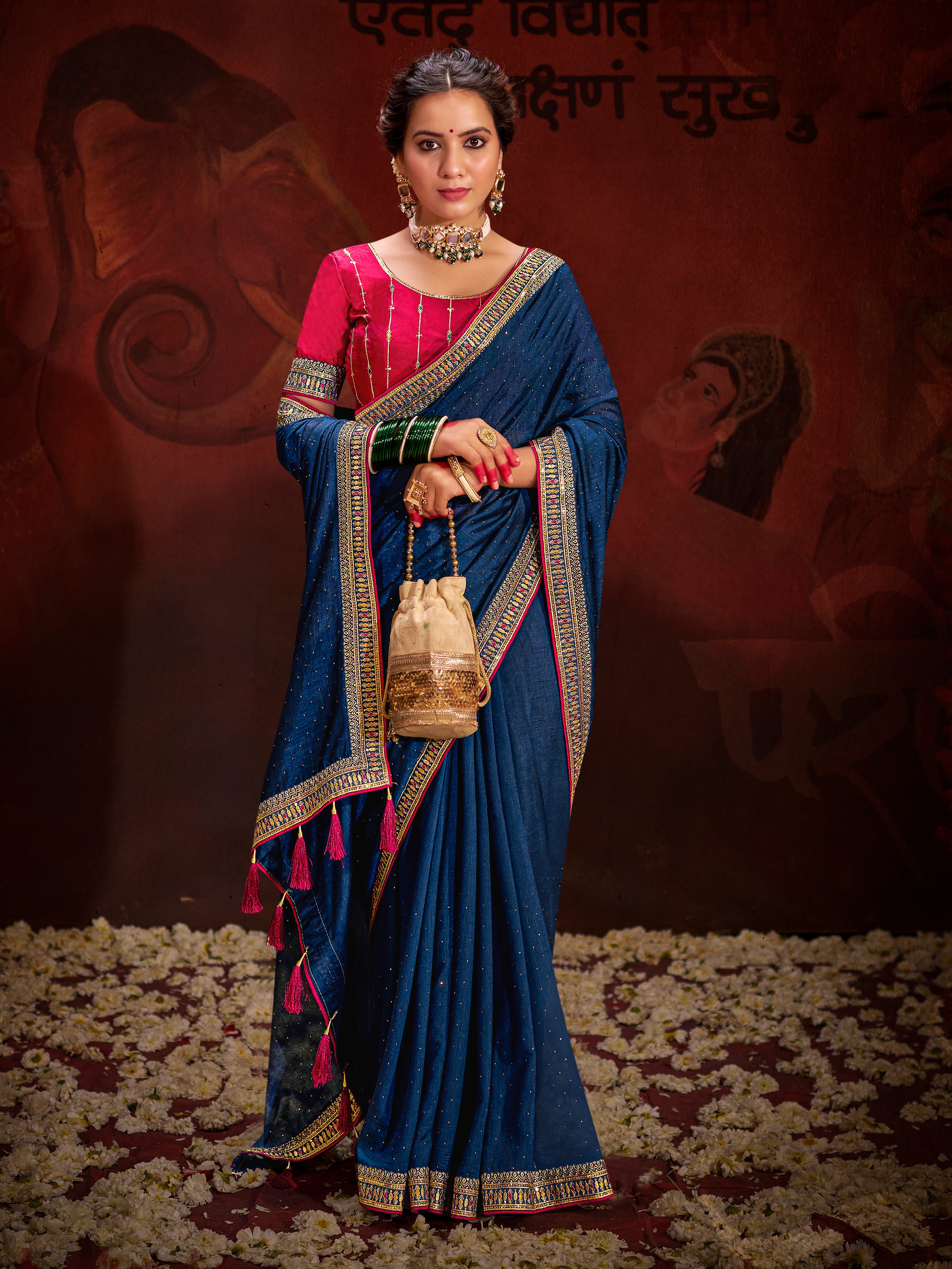 Blue Vichitra Silk Saree With  Heavy Diamond Work and Embroidery  Lace Border