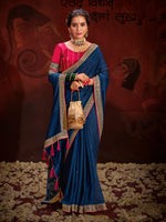 Blue Vichitra Silk Saree With  Heavy Diamond Work and Embroidery  Lace Border