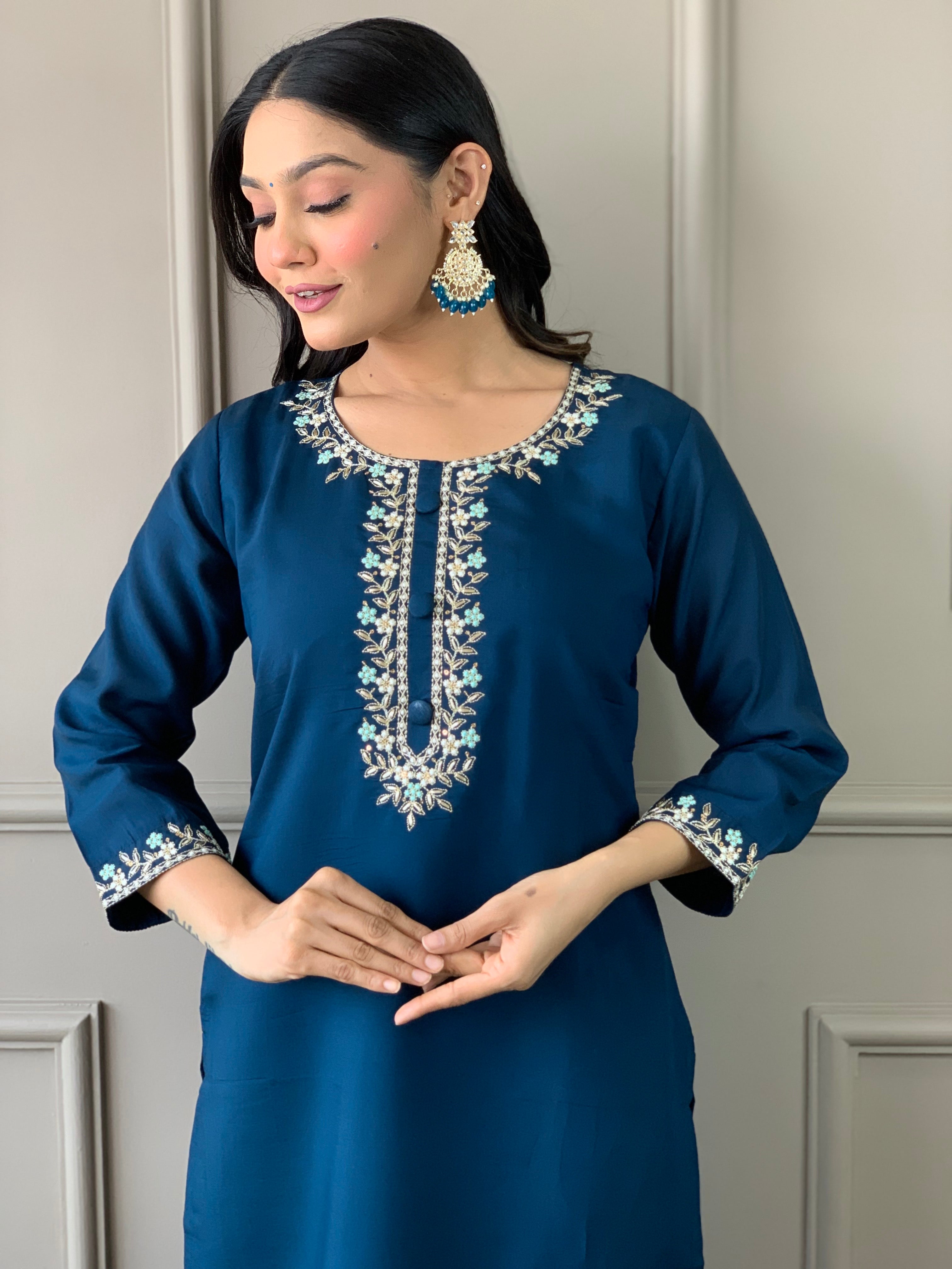 Blue Viscose Chanderi Kurta Pant With Heavy Thread Embroidery Work