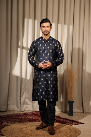 Blue Viscose Jacquard Wevon Ethnic Ceremonial Kurta Pajama