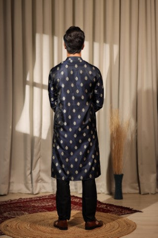 Blue Viscose Jacquard Wevon Ethnic Ceremonial Kurta Pajama