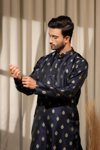 Blue Viscose Jacquard Wevon Ethnic Ceremonial Kurta Pajama