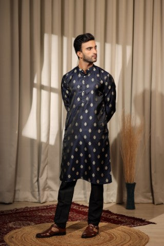 Blue Viscose Jacquard Wevon Ethnic Ceremonial Kurta Pajama