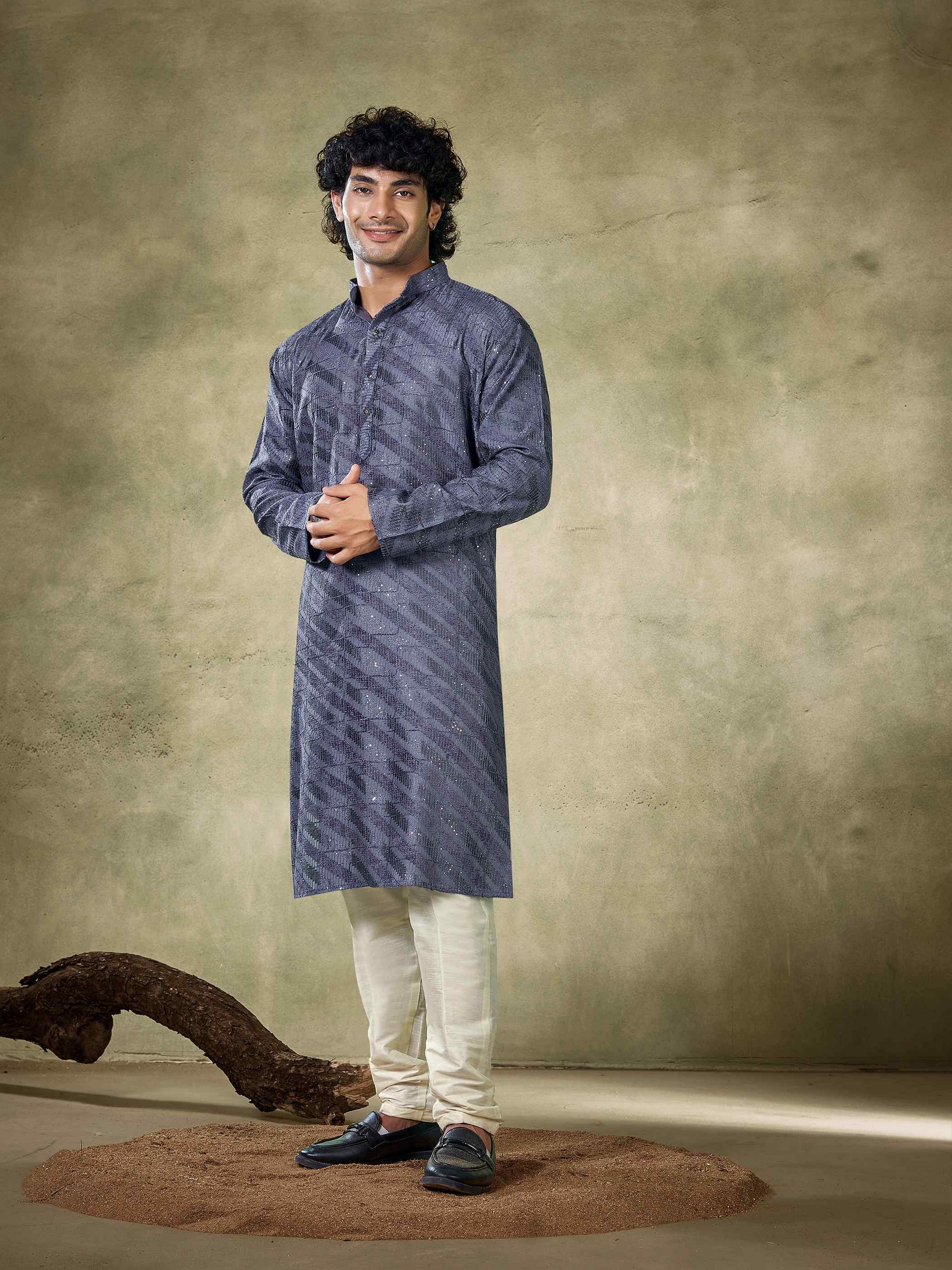 Blue Viscose Kurta Payjama with Sequins Detailing – Perfect for Wedding Nights