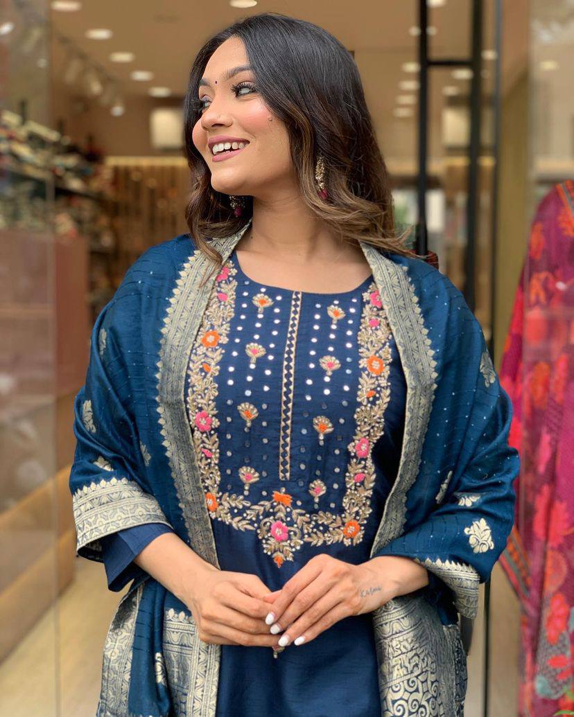 Blue Viscose Rayon Kurta Pant With Embroidery Work And jacquard Woven Dupatta