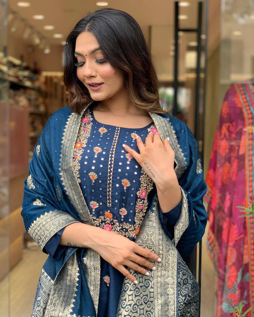 Blue Viscose Rayon Kurta Pant With Embroidery Work And jacquard Woven Dupatta