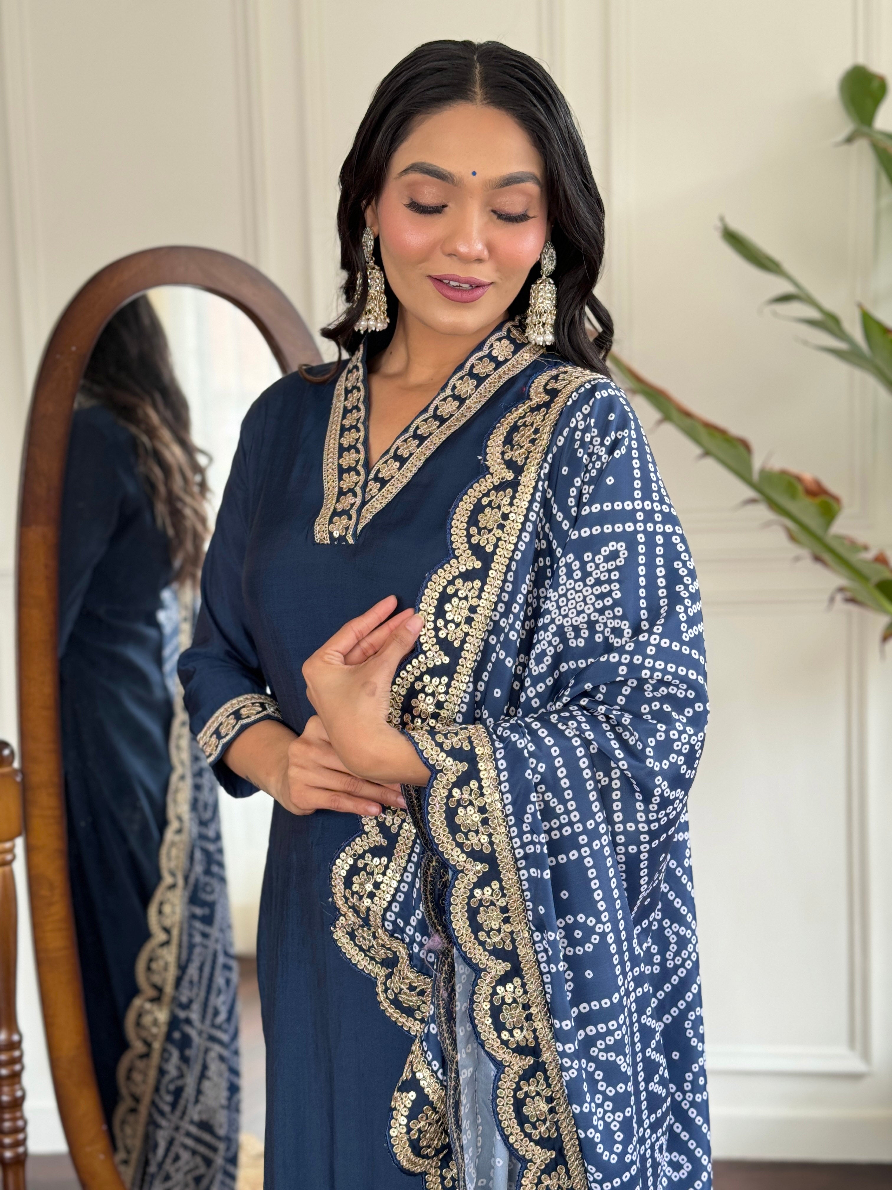 Blue Viscose Silk Elegant Kurta Pant Set With Embroidery Work