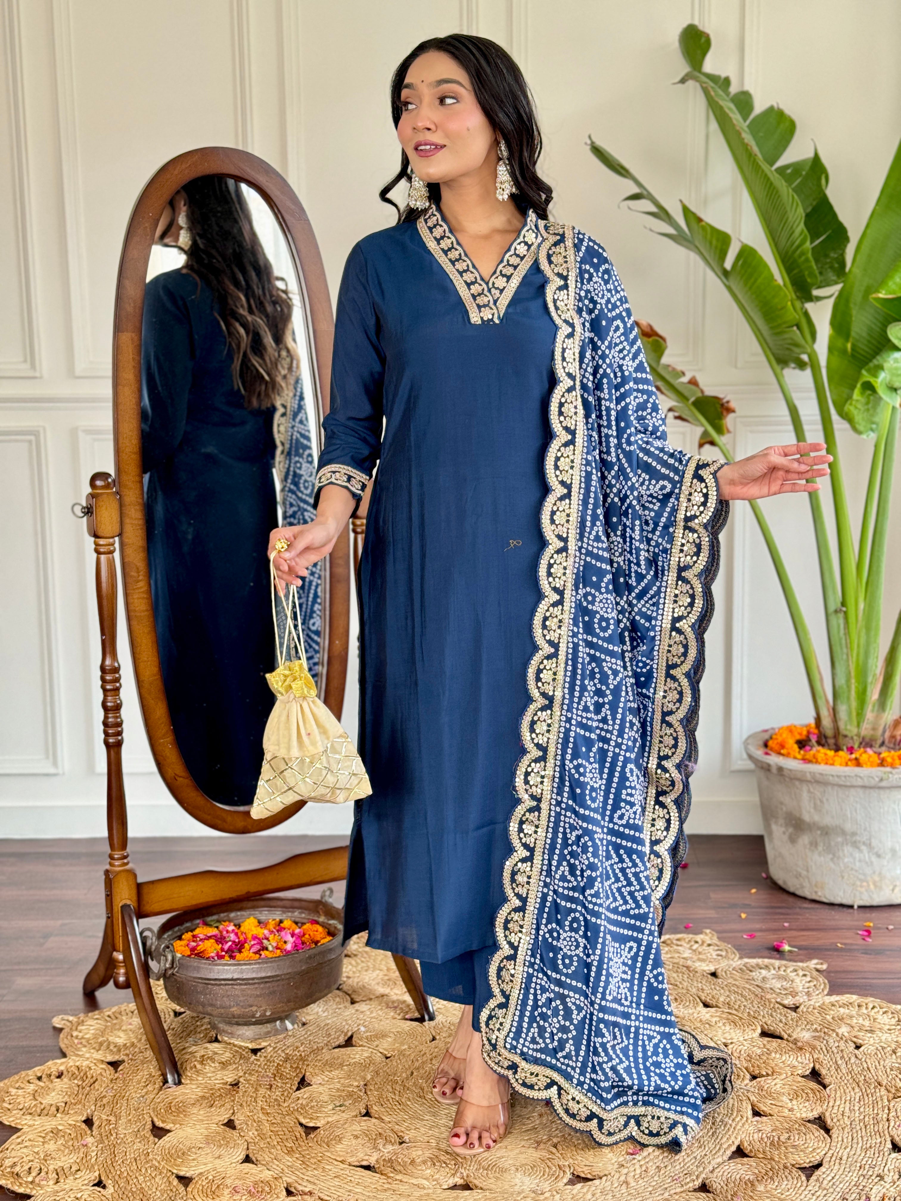 Blue Viscose Silk Elegant Kurta Pant Set With Embroidery Work