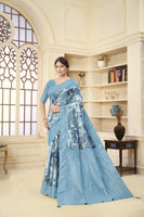 Blue Woven Jacquard Designer With Printed Rich Silk Stylish Ceremonial Saree