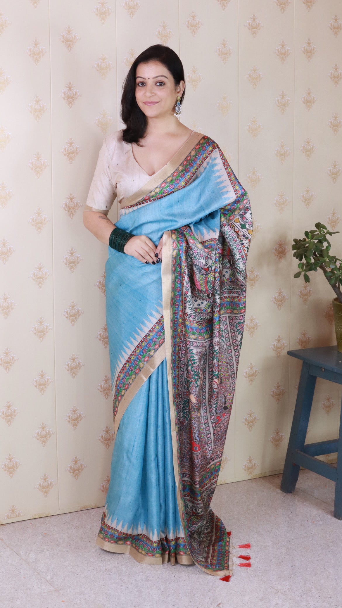 Blue Woven Jari Border Designer Madhubani Digital Printed Ethnic Tussar Silk Saree