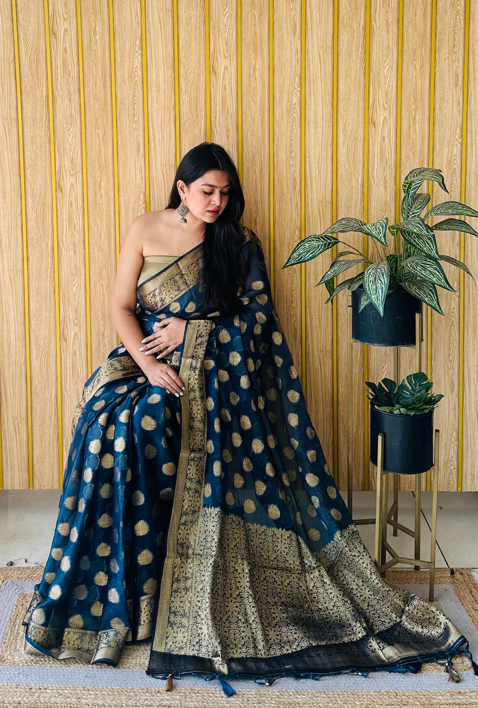Blue Woven Jari Designer Gimichu Silk Partywear Saree