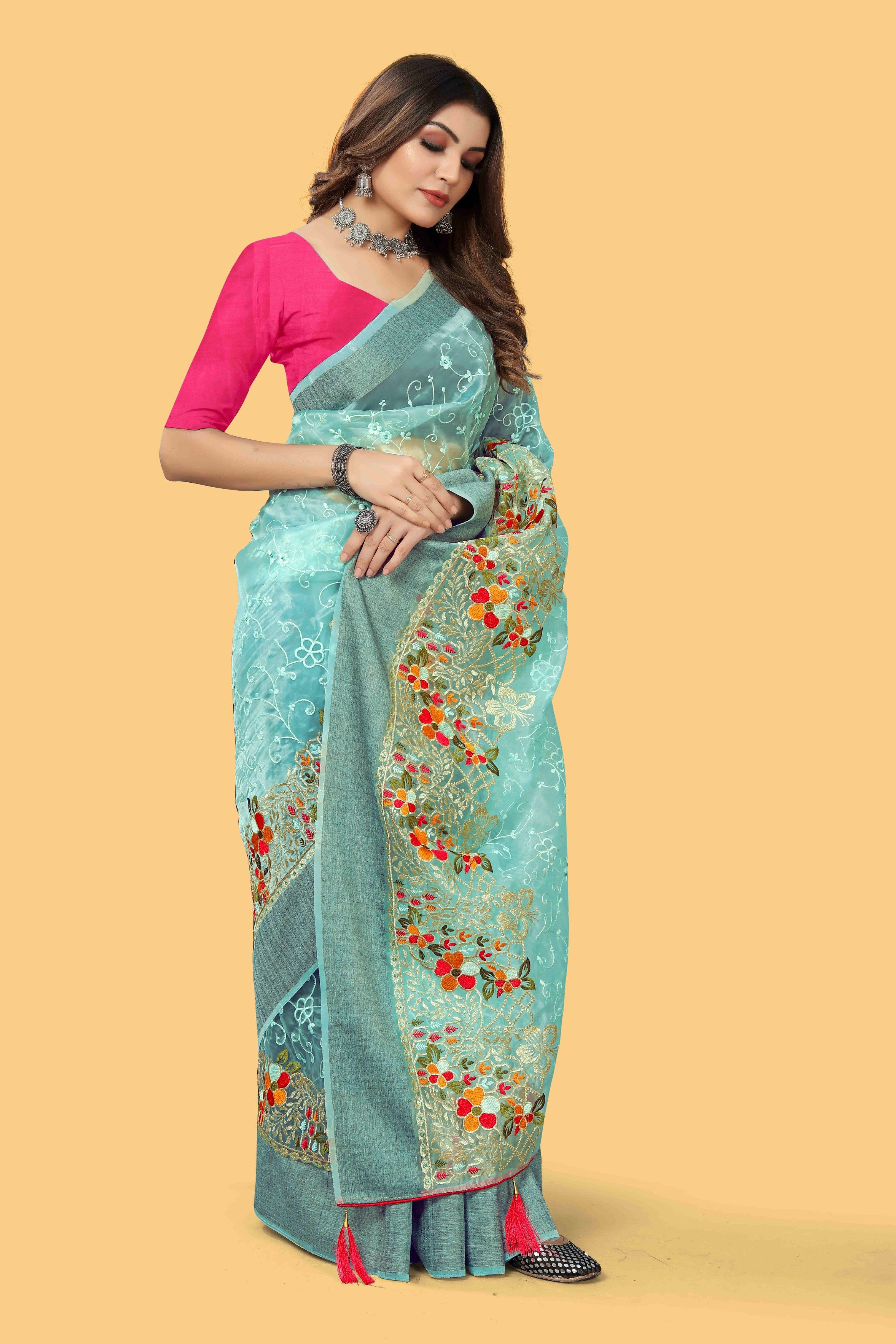 Blue Woven Patta Organza Silk Saree With Embroidery And Stone Work