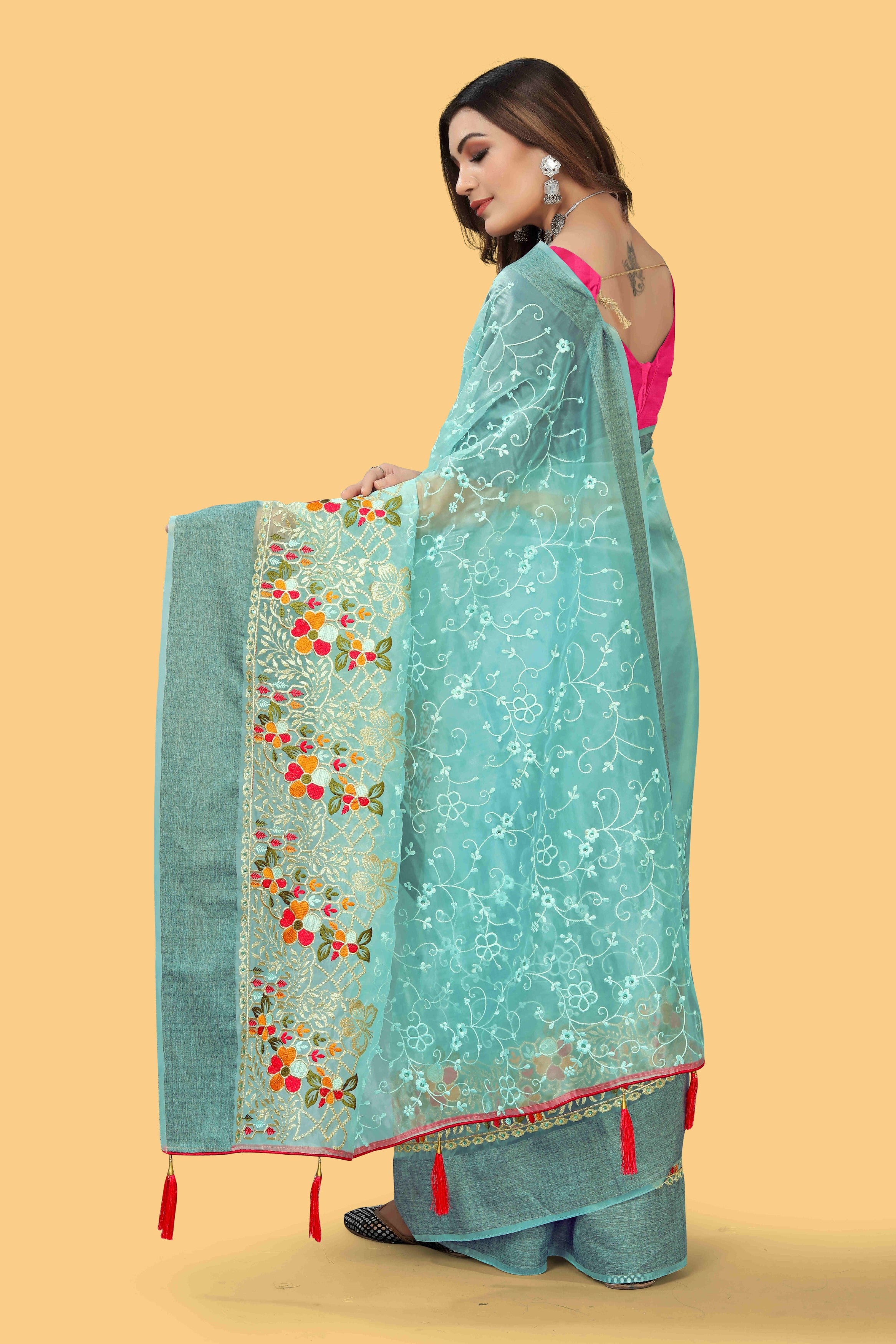 Blue Woven Patta Organza Silk Saree With Embroidery And Stone Work