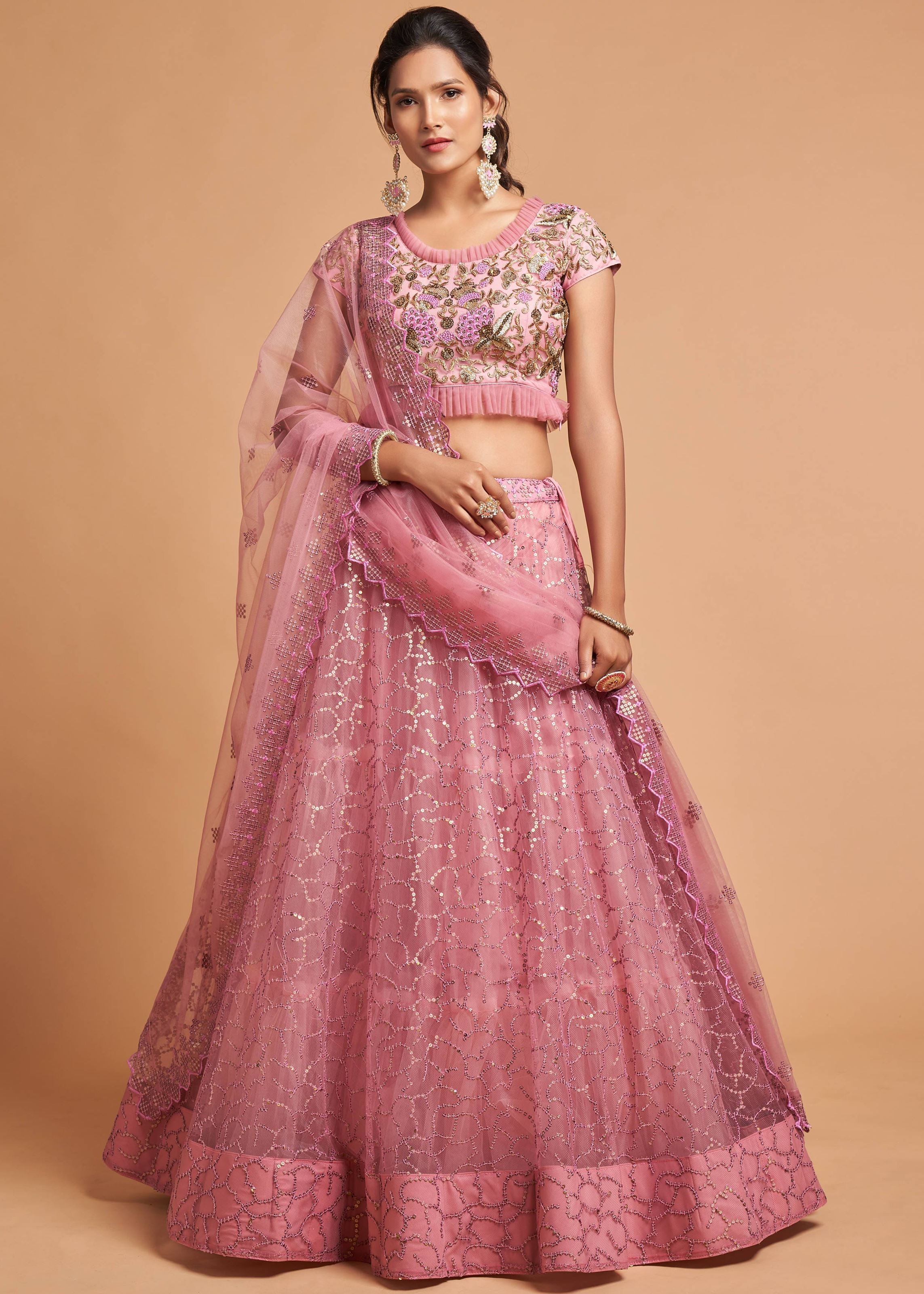 Blush Pink Lehenga Choli With Zari, Badla, Dori And Threads Embroidery Work