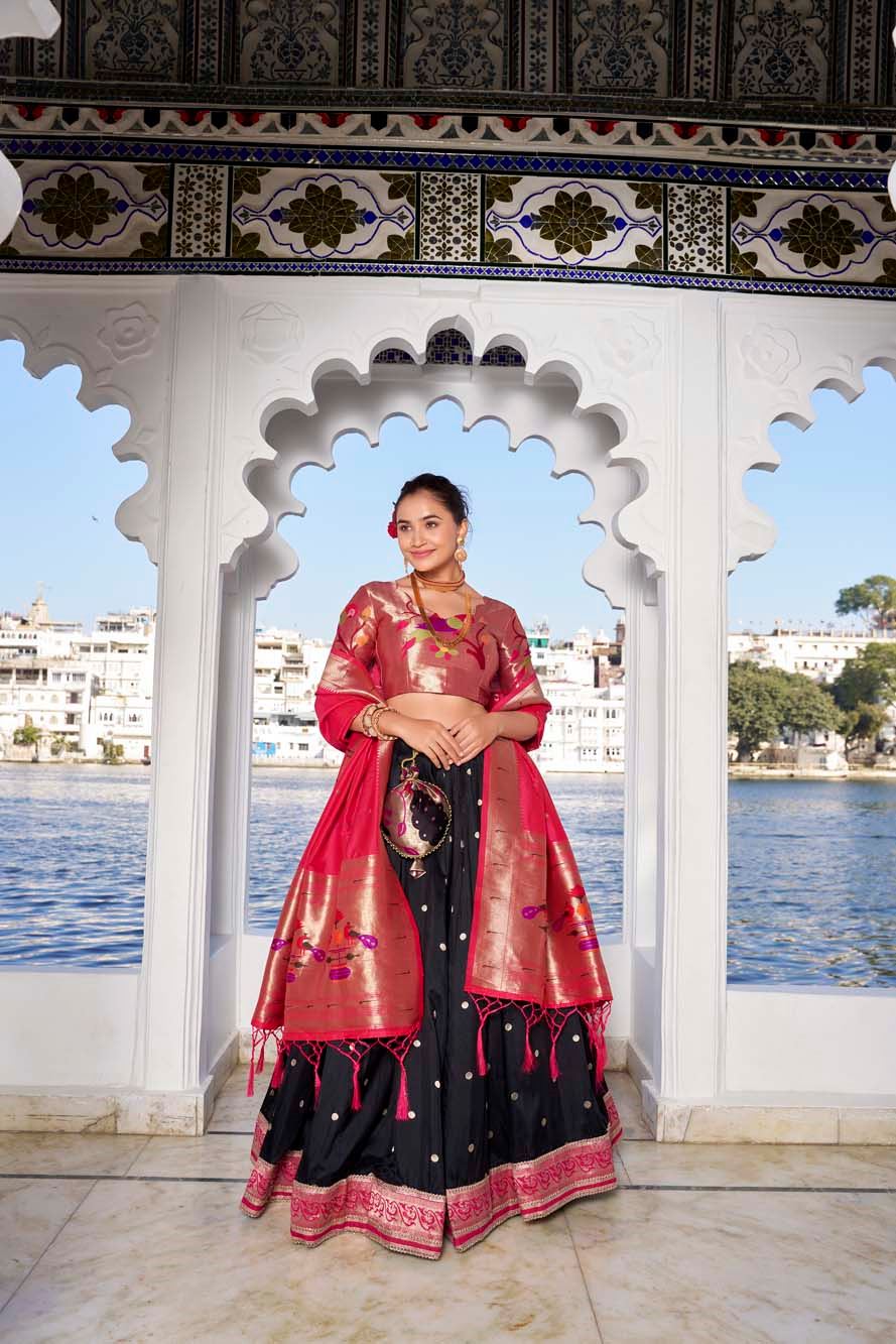 Bold In Black Jacquard Silk Paithani Lehenga With Graceful Zari Weaving