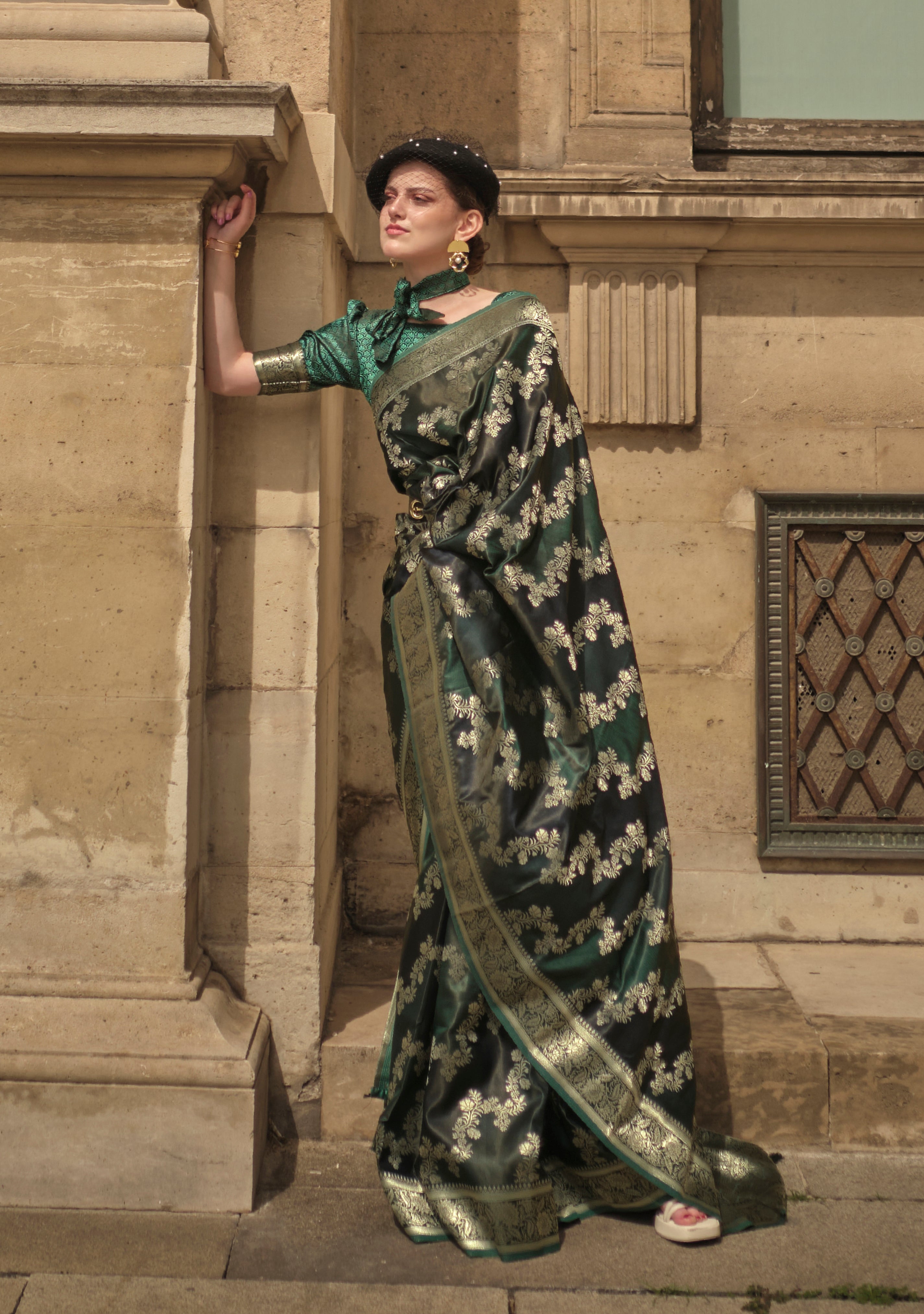 Bottel Green Ranghat Satin Saree With  Woven Work