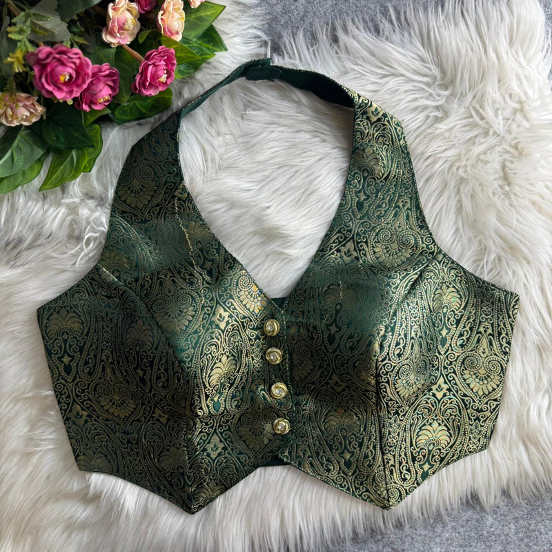 Bottle Green Banarasi Jacquard Silk Halter Neck Blouse with Embroidery & Sequins