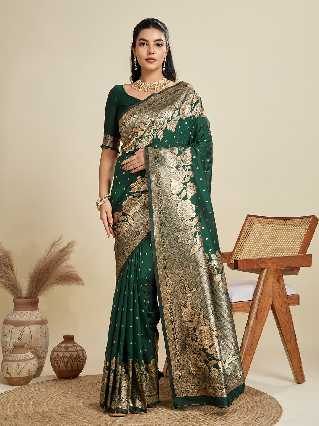 Bottle Green Banarasi Silk Saree with Butti and Floral Border