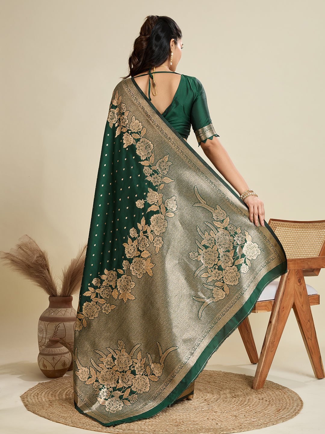 Bottle Green Banarasi Silk Saree with Butti and Floral Border