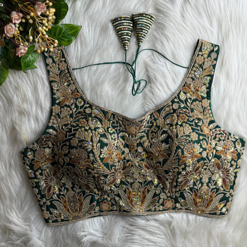Bottle Green Bridal Roman Silk Blouse with Heavy Stars & Rainbow Work