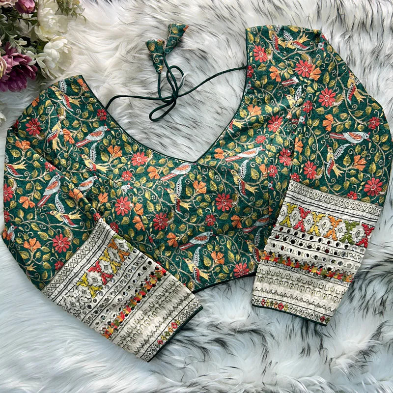 Bottle Green Chikankari Work with Kalamkari Print Long Sleeve Blouse in Roman Silk
